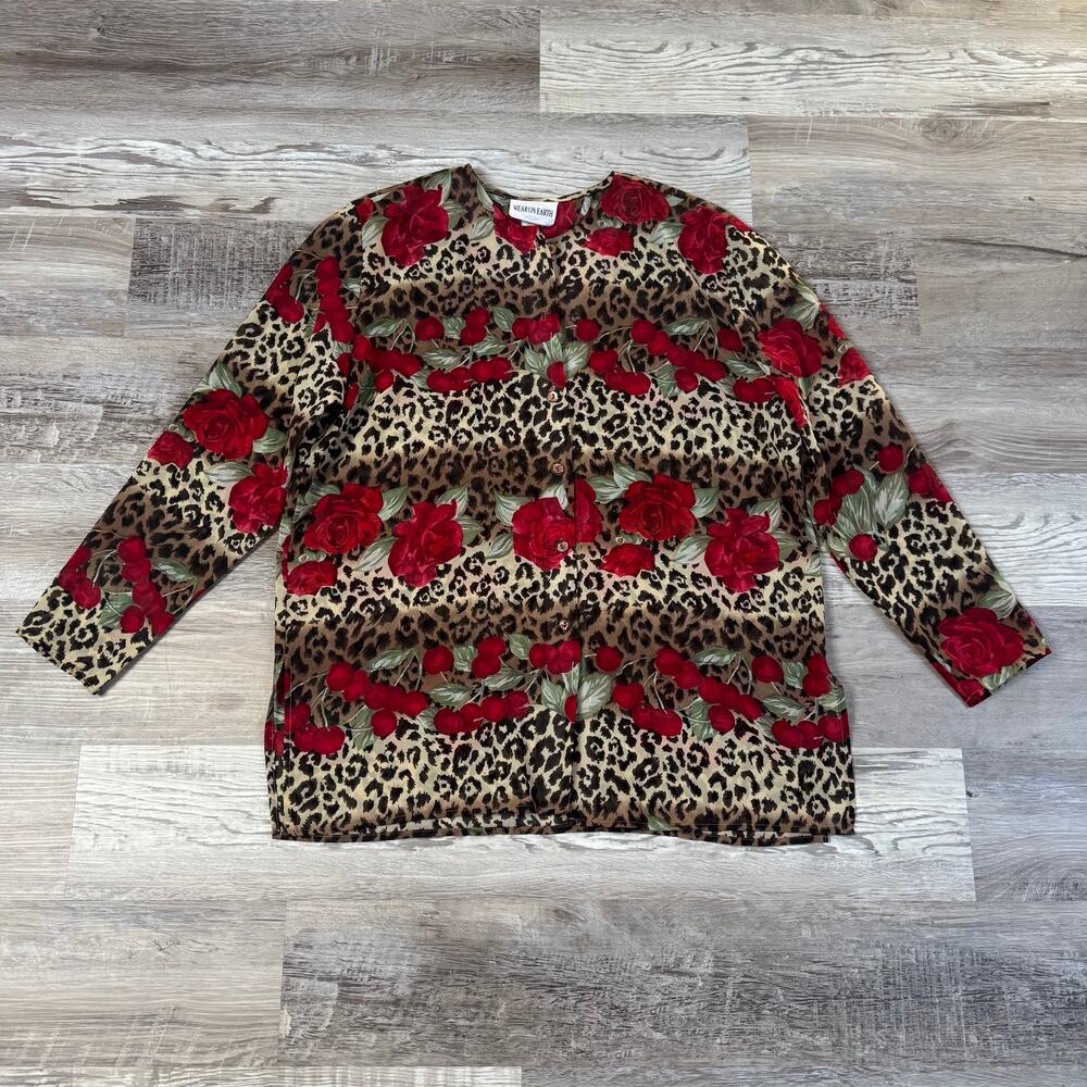 Wear on Earth Leopard Rose Cherry Print Button Front Blouse 90s Vintage Style
